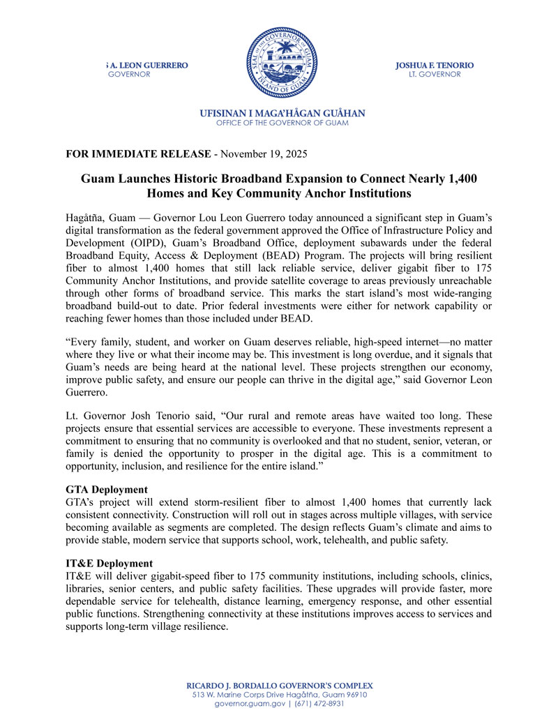 Guam Launches Historic Broadband Expansion to Connect Nearly 1,400 Homes and Key Community Anchor Institutions